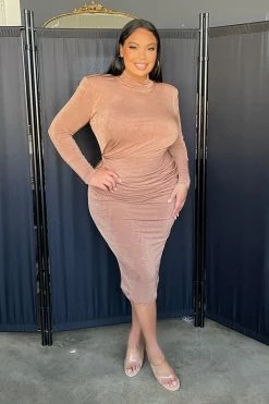 JLUXLABEL NEW ARRIVALS TAN KARA MOCK NECK DRESS