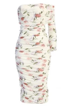 JLUXLABEL IVORY FLORAL RUCHED DRESS