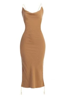 JLUXLABEL BACK IN MOCHA BAHARI RUCHED LINEN DRESS