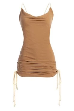 JLUXLABEL BACK IN MOCHA BAHARI RUCHED LINEN DRESS