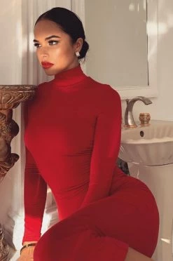 JLUXLABEL JLUXBASIX Red Janessa Double Lined Turtleneck Dress