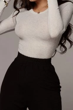 JLUXLABEL GREY BRITTNEY RIBBED LONG SLEEVE TOP SALE