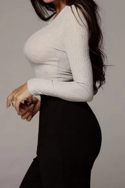 JLUXLABEL GREY BRITTNEY RIBBED LONG SLEEVE TOP SALE