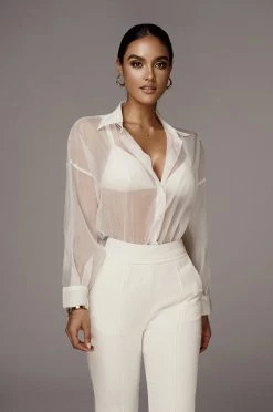JLUXLABEL WHITE BLAKE SHEER BUTTON UP BACK IN