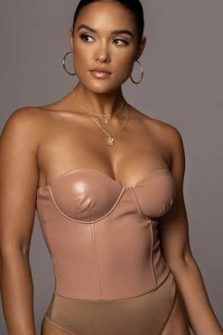 JLUXLABEL TAUPE XENIA FAUX LEATHER BODYSUIT SALE