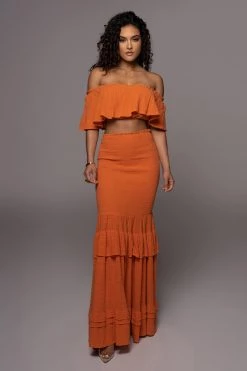 JLUXLABEL NEW ARRIVALS ORANGE SIENNA RUFFLED SKIRT SET