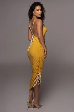 JLUXLABEL YELLOW BAHARI RUCHED LINEN DRESS NEW ARRIVALS