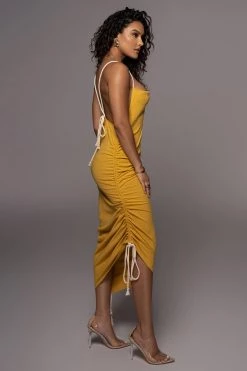 JLUXLABEL YELLOW BAHARI RUCHED LINEN DRESS NEW ARRIVALS