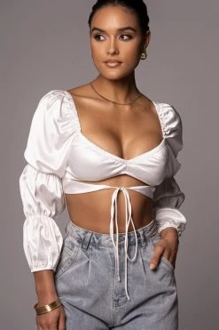 JLUXLABEL WHITE BOLERO SATIN CROP TOP NEW ARRIVALS