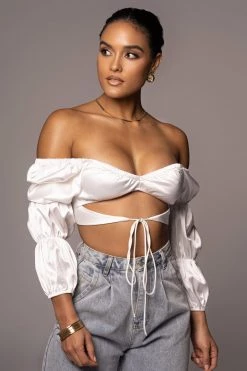 JLUXLABEL WHITE BOLERO SATIN CROP TOP NEW ARRIVALS