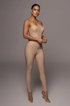 JLUXLABEL BEIGE MALENE CROC HIGH WAISTED PANTS