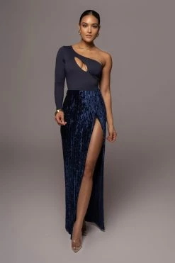 JLUXLABEL MIDNIGHT BLUE KRISANA VELVET HIGH SLIT SKIRT BOTTOMS