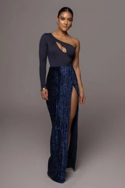 JLUXLABEL MIDNIGHT BLUE KRISANA VELVET HIGH SLIT SKIRT BOTTOMS