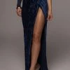 JLUXLABEL MIDNIGHT BLUE KRISANA VELVET HIGH SLIT SKIRT BOTTOMS
