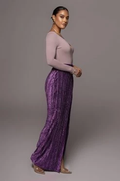 JLUXLABEL BOTTOMS PURPLE KRISANA VELVET HIGH SLIT SKIRT