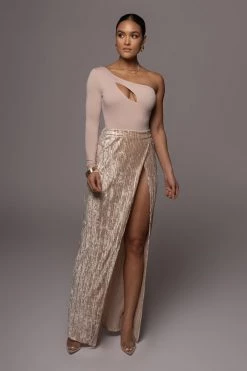 JLUXLABEL CHAMPAGNE KRISANA VELVET HIGH SLIT SKIRT