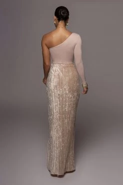 JLUXLABEL CHAMPAGNE KRISANA VELVET HIGH SLIT SKIRT
