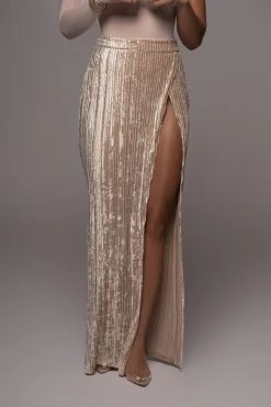 JLUXLABEL CHAMPAGNE KRISANA VELVET HIGH SLIT SKIRT