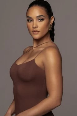 JLUXLABEL NEW ARRIVALS JLUXBASIX CHOCOLATE RORY DIAGONAL STRAP DRESS