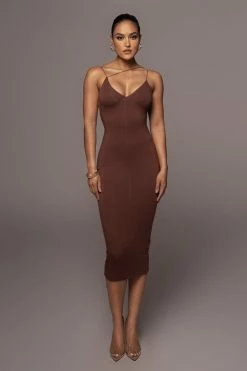 JLUXLABEL NEW ARRIVALS JLUXBASIX CHOCOLATE VALENCIA DIAGONAL STRAP DRESS