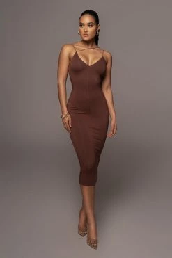 JLUXLABEL NEW ARRIVALS JLUXBASIX CHOCOLATE VALENCIA DIAGONAL STRAP DRESS