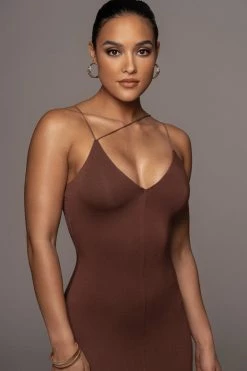 JLUXLABEL NEW ARRIVALS JLUXBASIX CHOCOLATE VALENCIA DIAGONAL STRAP DRESS