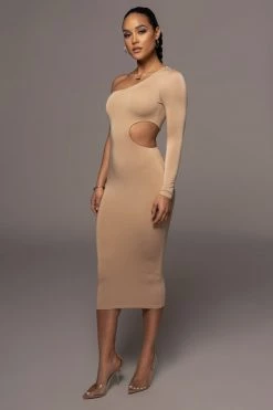 JLUXLABEL NEW ARRIVALS TAN JULIA MIDI DRESS