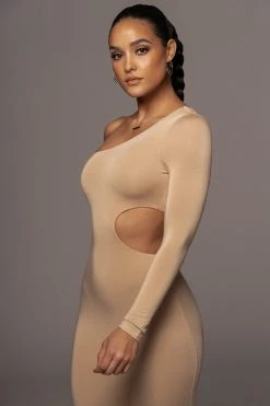 JLUXLABEL NEW ARRIVALS TAN JULIA MIDI DRESS