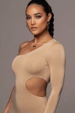 JLUXLABEL NEW ARRIVALS TAN JULIA MIDI DRESS