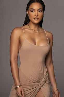 JLUXLABEL BEIGE KARISA SLIT DRESS SALE
