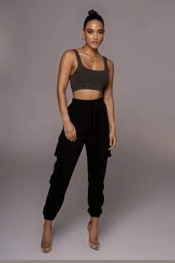 JLUXLABEL CHARCOAL RIBBED CROP TANK TOPS