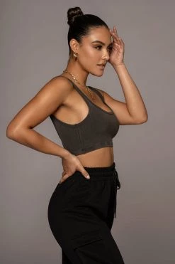 JLUXLABEL CHARCOAL RIBBED CROP TANK TOPS