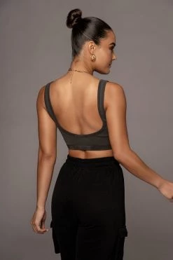 JLUXLABEL CHARCOAL RIBBED CROP TANK TOPS