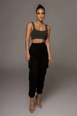 JLUXLABEL CHARCOAL RIBBED CROP TANK TOPS