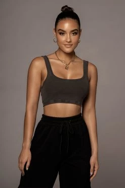 JLUXLABEL CHARCOAL RIBBED CROP TANK TOPS
