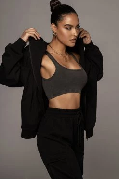 JLUXLABEL CHARCOAL RIBBED CROP TANK TOPS