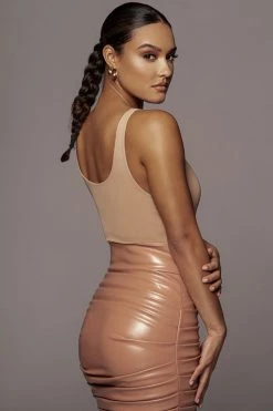 JLUXLABEL SALE TAUPE CHRYSTAL FAUX LEATHER SKIRT