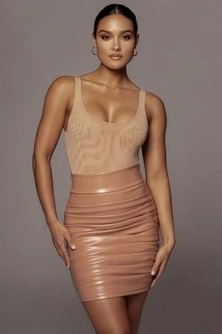 JLUXLABEL SALE TAUPE CHRYSTAL FAUX LEATHER SKIRT