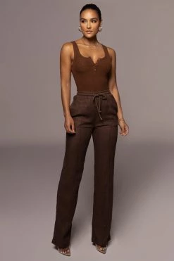 JLUXLABEL CHOCOLATE BUTTONED RIBBED TANK TOPS