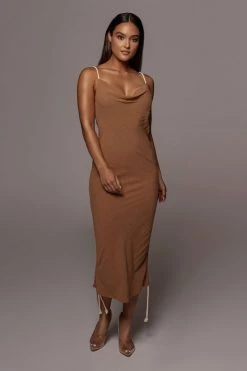 JLUXLABEL BACK IN MOCHA BAHARI RUCHED LINEN DRESS
