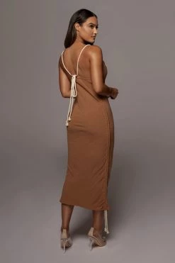 JLUXLABEL BACK IN MOCHA BAHARI RUCHED LINEN DRESS