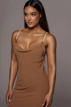 JLUXLABEL BACK IN MOCHA BAHARI RUCHED LINEN DRESS