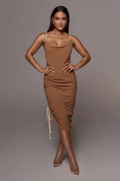 JLUXLABEL BACK IN MOCHA BAHARI RUCHED LINEN DRESS
