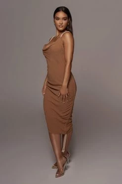 JLUXLABEL BACK IN MOCHA BAHARI RUCHED LINEN DRESS