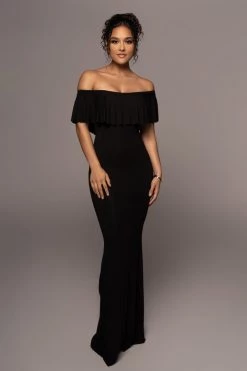 JLUXLABEL NEW ARRIVALS BLACK ESTELLE RUFFLED MAXI DRESS