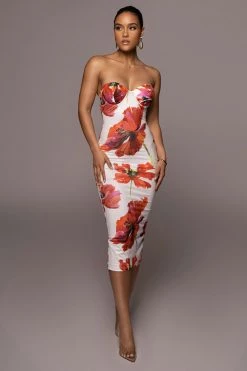 JLUXLABEL NEW ARRIVALS WHITE FLORAL CORA MIDI DRESS
