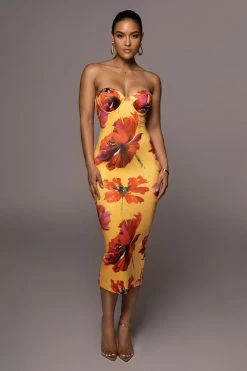 JLUXLABEL YELLOW FLORAL CORA MIDI DRESS NEW ARRIVALS