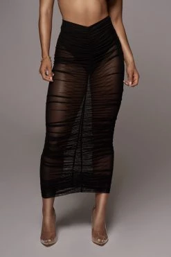 JLUXLABEL BLACK MESH RUCHED COVER UP SKIRT NEW ARRIVALS