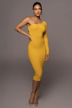 JLUXLABEL MUSTARD VIXEN ONE SHOULDER DRESS NEW ARRIVALS