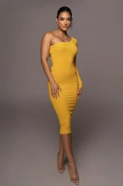 JLUXLABEL MUSTARD VIXEN ONE SHOULDER DRESS NEW ARRIVALS